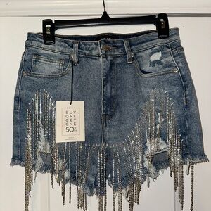 Denim Fringe Shorts with Rhinestones